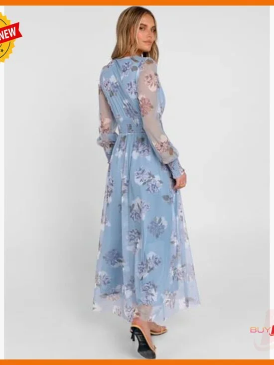Floral Maxi Dress V Neck Puff Sleeve Long Sleeve Flowy Tulle Wedding Guest - Picture 6 of 7